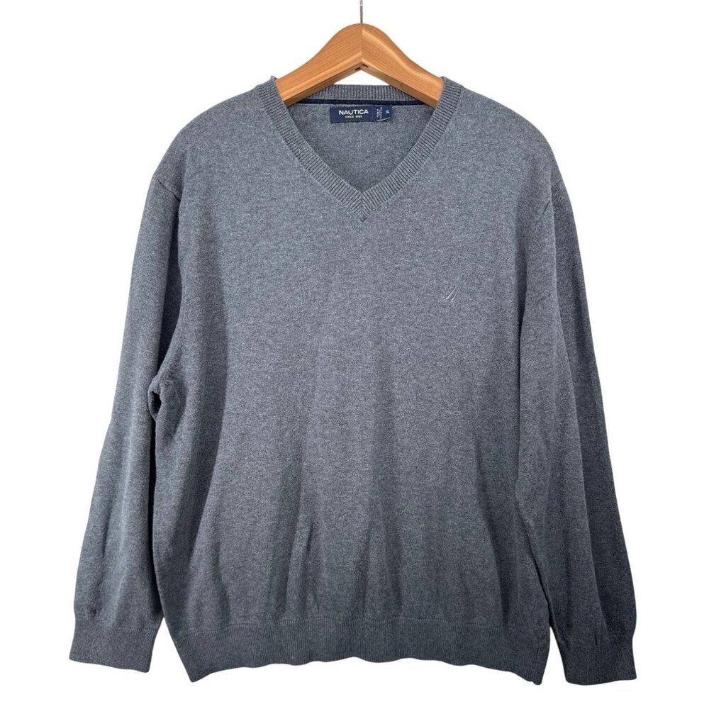 Nautica Mens Sweater Sz XL Gray V-Neck Cotton Coastal Nautical Preppy Academia